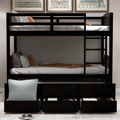 Bunk Bed With Ladder, Safety Rail, Trundle Bed With 3 Drawers For Bedroom, Guest Room Furniture