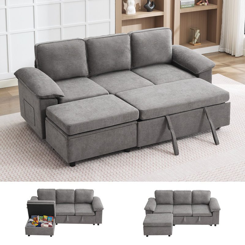 Canapé-lit modulaire en L 80 po - Modulaire 3 places avec lit escamotable et repose-pieds avec rangement 80 po, Gris clair