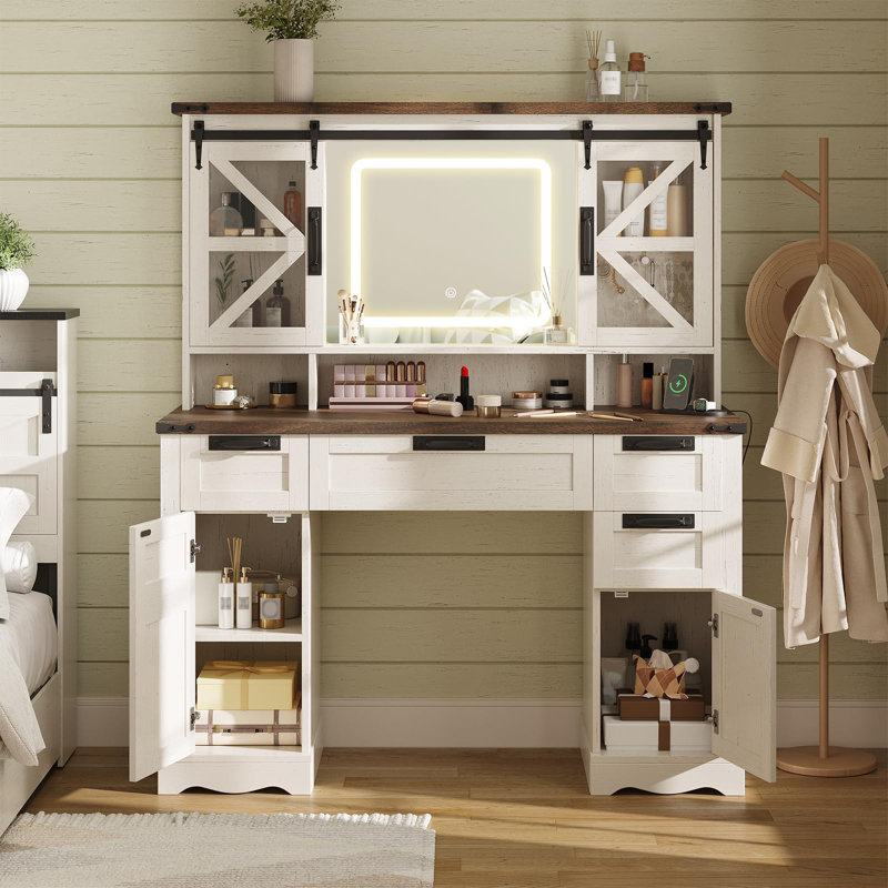 Farmhouse Makeup Vanity with Sliding Cabinets and Power Outlet