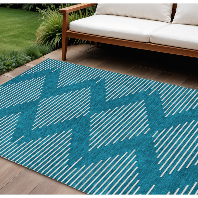 HomeRoots 9' X 12' Teal Blue Geometric Washable Indoor Outdoor Area Rug