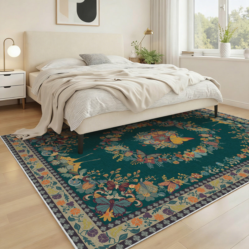 6x9ft Area Rug, Dark Green Butterfly Soft Accent Outdoor Rug, Vintage Inspired Distressed Low Pile Washable Rugs for Living Room Dining Room Bedroom