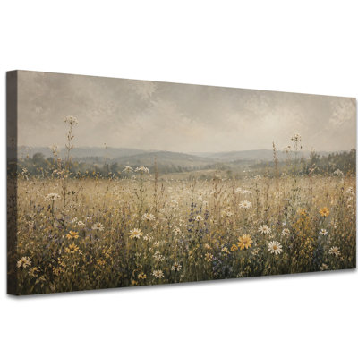 Art mural rétro sur toile paysage de prairie fleurie, décoration murale champ de fleurs sauvages pour le salon ou la chambre à coucher, œuvre de paysage de campagne champêtre, tendue avec châssis, prête à accrocher, (12 po x 24 po)