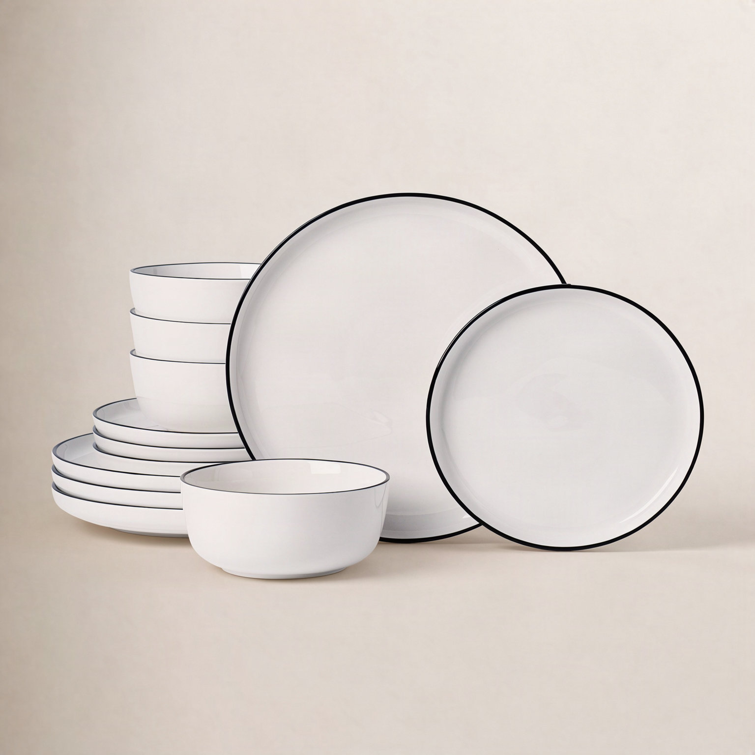 12-Piece Porcelain Dinnerware Set, White with Black Rim