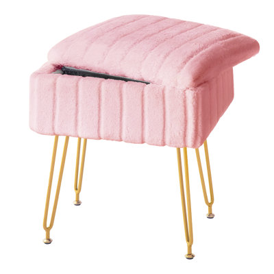 Vanity Stool Chair With Storage, Faux Fur Makeup Chair With Metal Legs, Small Footrest For Bedroom