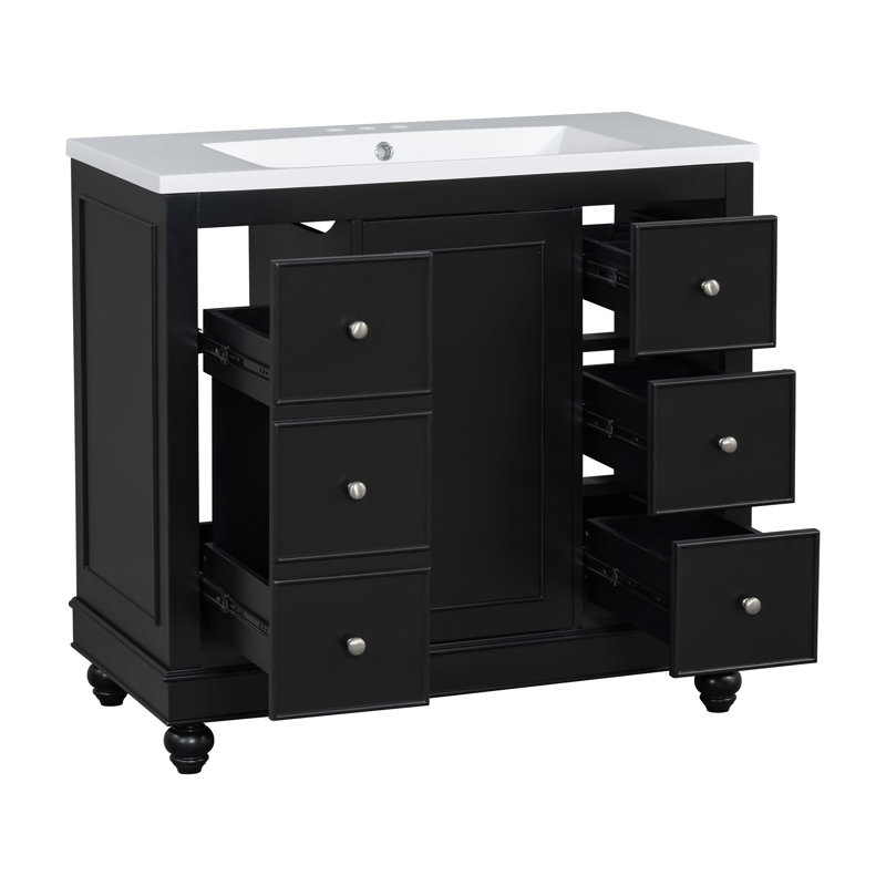 Meuble-lavabo contemporain noir - 36 po x 18 po x 34 po, 4 tiroirs et 1 porte d'armoire, rangement polyvalent, lavabo intégré en résine, tablettes réglables, cadre en bois massif avec panneau de fibres à densité moyenne