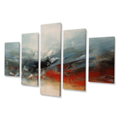 A Thought Of Her Abstract In Vintage Blue And Red - Abstract Wall Art Print - 5 Panels