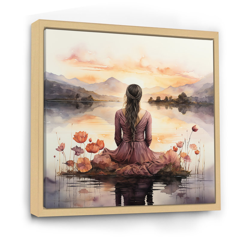 Meditation Serenity By The Lake 3 - Art mural méditation, Cadre flottant brun, 16" H x 16" W