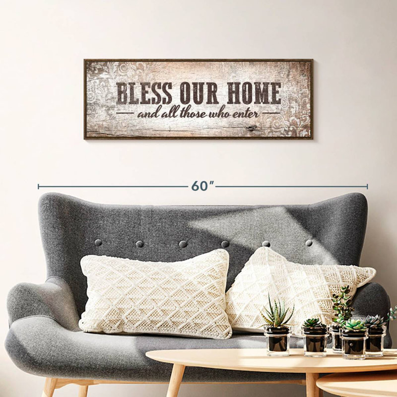 Plaque murale «Bless Our Home», Cadre flottant noyer, 37 po x 13 po