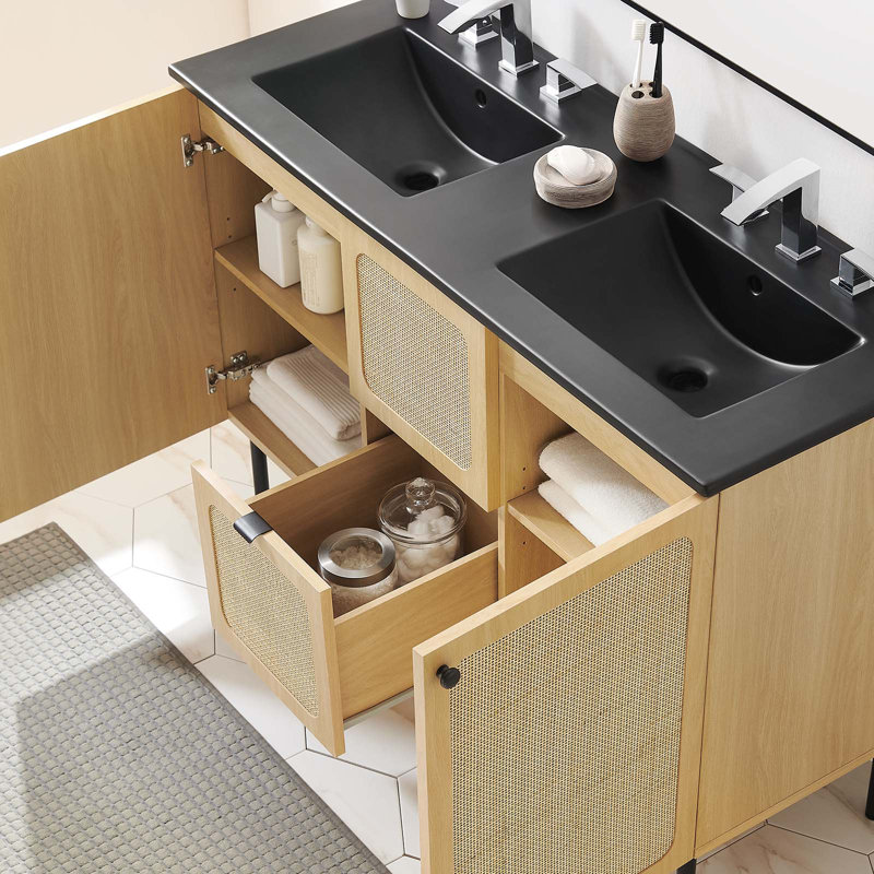 Meuble-lavabo double 48 po avec plateau en bois Modway, Chêne / noir, Noir