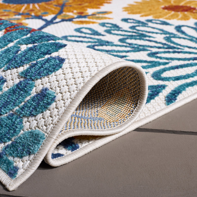 Tapis d'intérieur / extérieur floral Kellems Performance, Carré 4 pi, Blue/Orange/Cream