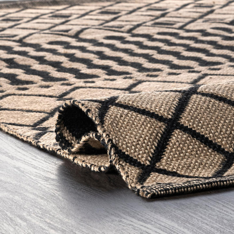 Southwestern Beige and Black Handwoven Jute Rug with Medallion Pattern