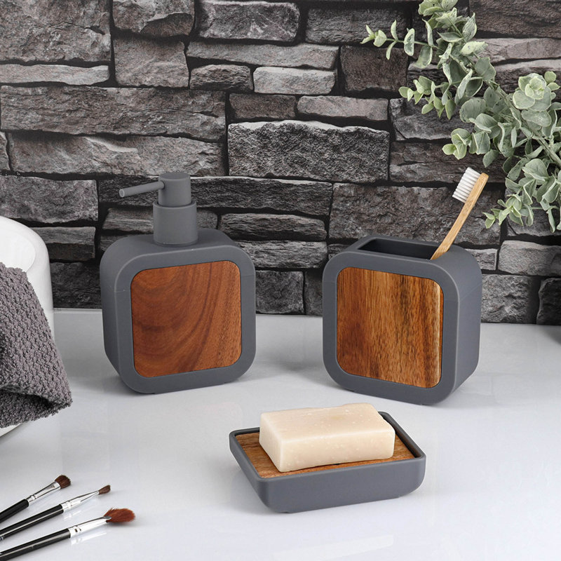 Ensemble d'accessoires de salle de bain 4 pièces en caoutchouc et bois, Gris