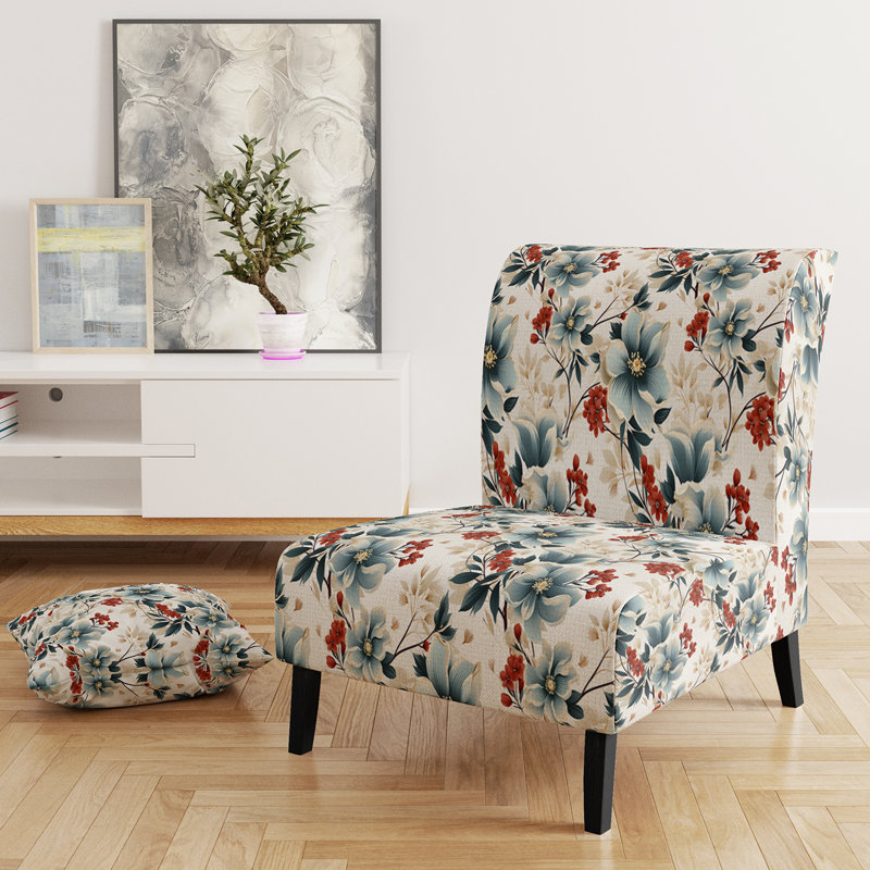 Fauteuil de chambre rembourré rouge et blanc à motif floral zen asiatique