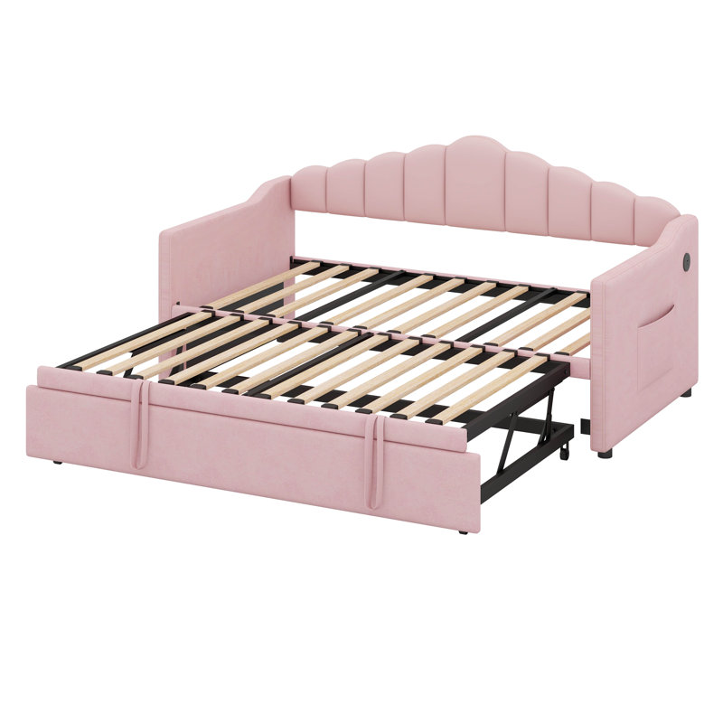 Lit de jour rembourré simple avec couchette escamotable réglable en hauteur et port de charge USB et Type-C, 2 poches latérales