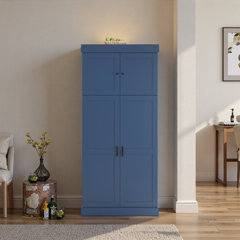 Grand garde-manger autoportant avec tablettes réglables, tablettes de porte, tiroirs et porte-bouteilles, Bleu