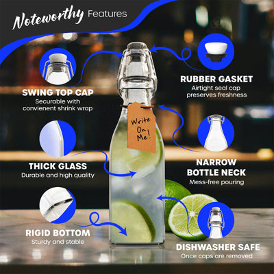  12 oz Square Swing Top Glass Bottles (Pack of 12) | Includes Funnel, Brush and Marker