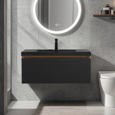 48 In. Wall-Mounted Floating Bath Vanity With In Natural Oak & Black - Pre-Assembled