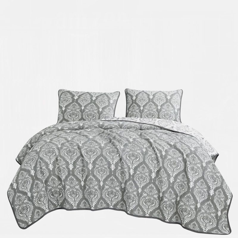 Ensemble de couvre-lit réversible gris et blanc matelassé 3 pièces en polycoton à motif cachemire damassé