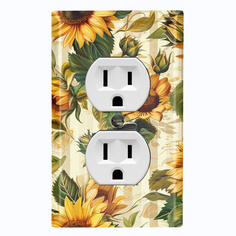 Couvercle de plaque d'interrupteur en métal; US Gang de taille standard - Tournesols rétro, Prise double # 8