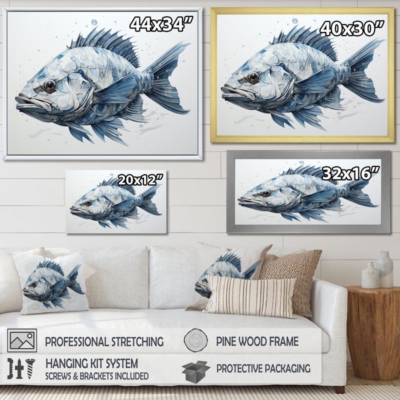 " Fish In The Deep Blue I ", 16" H x 32" W x 1" D, Silver Single Picture Framed