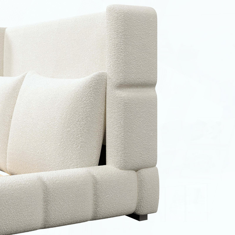 Grand lit plateforme tapissier avec 2 coussins, White, Queen
