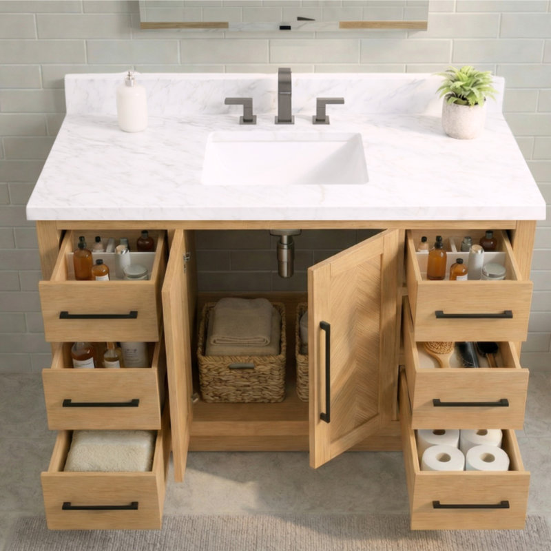 Vivian 48” Single Bath Vanity with Statuario Countertop, 48", Light Brown