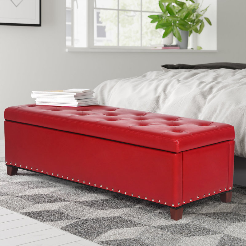 Repose-pieds de 46,9 po de large rectangulaire en similicuir touffeté avec rangement