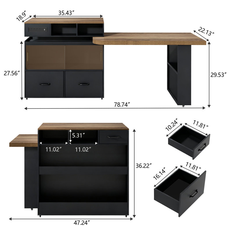 Movable Kitchen Island With Retractable Tabletop, Black