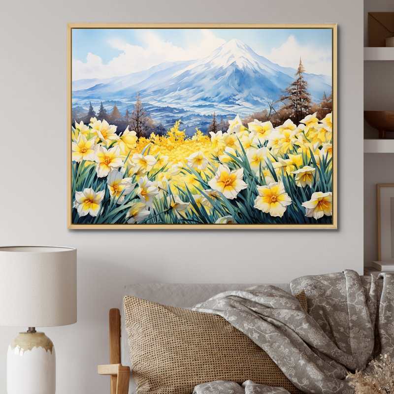 Daffodils Charm in Mountain - Imprimé, H 12 po x l 20 po, Cadre naturel flottant