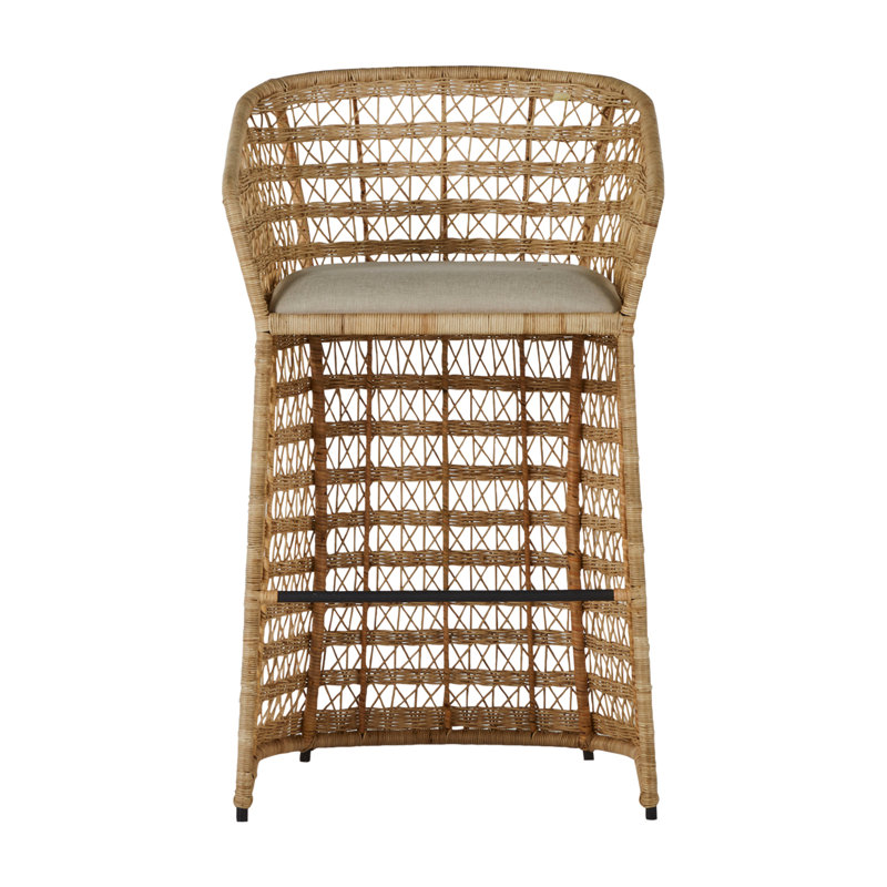 Libby Beige and Gray Rattan Bar Stool with Metal Footrest