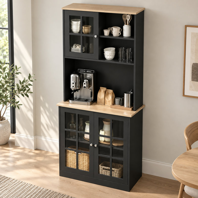 Armoire de rangement autoportante avec huche, porte vitrée et sangle anti-basculement