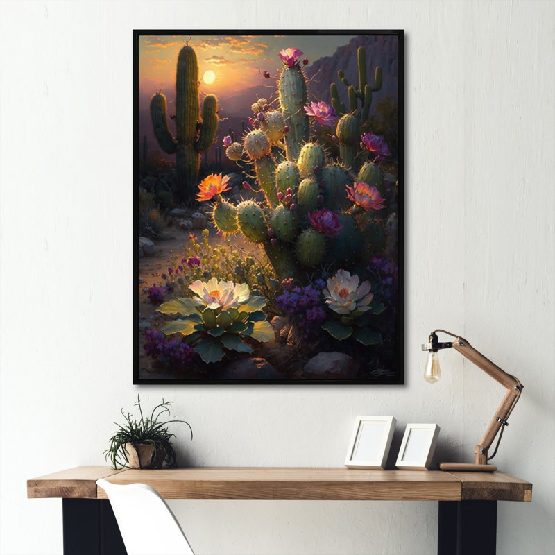 Cactus dans le désert I - montagnes, art mural, H 20 po x l 12 po, Cadre flottant noir
