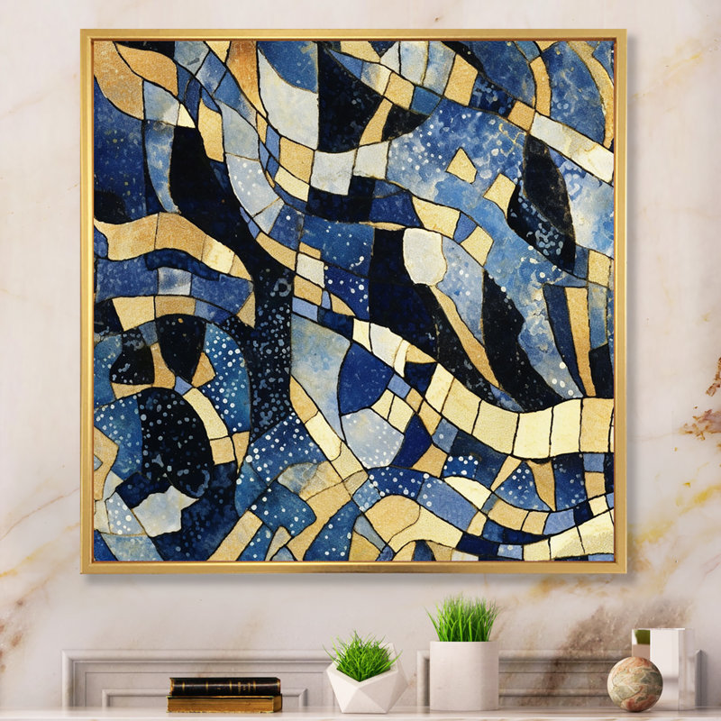 "Motif abstrait avec textures bleues et dorées", impression encadrée sur toile, Cadre flottant doré
