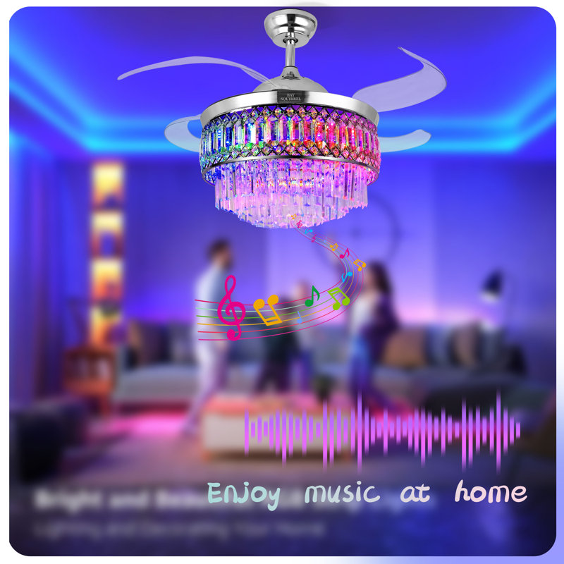 Ventilateur de plafond en cristal de 42 pouces avec pales invisibles rétractables, haut-parleur Bluetooth, éclairage RVB en couleur, réglages avant / arrière à 6 vitesses, télécommande, contrôle intelligent basé sur une application