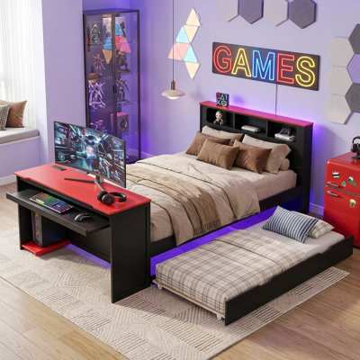 Full Size Wood Daybed with Twin Size Trundle,Desk,LED light and USB