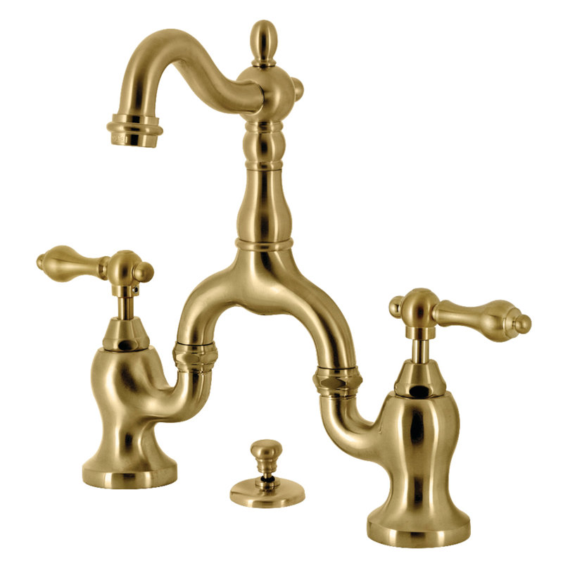 Kingston Brass English Country Two-Handle 3-Hole Deck Mount Bridge Bathroom Faucet with Brass Pop-Up, Brushed Brass