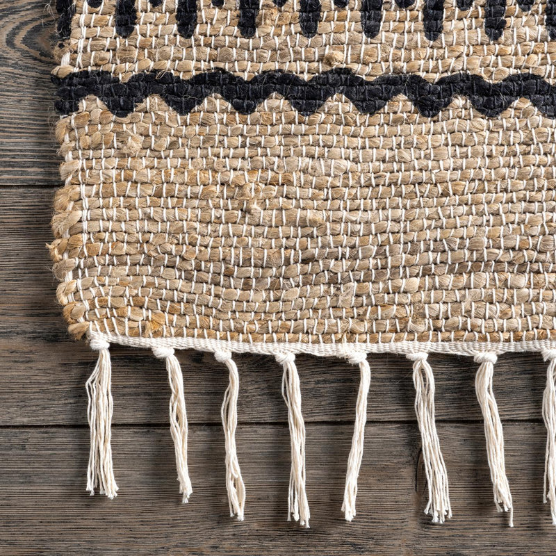 Southwestern Beige and Black Handwoven Jute Rug with Medallion Pattern