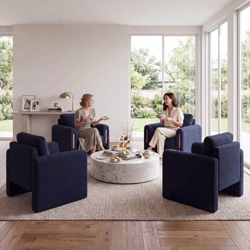 35" Wide Modern Bouclé Upholstered Armchair With Track Arms And Enclosed Base(Set Of 4), Blue