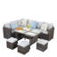 Ensemble de salle à manger d'extérieur en osier 7 pièces, canapé modulaire à 9 places avec coussins gris et table de salle à manger pour jardin