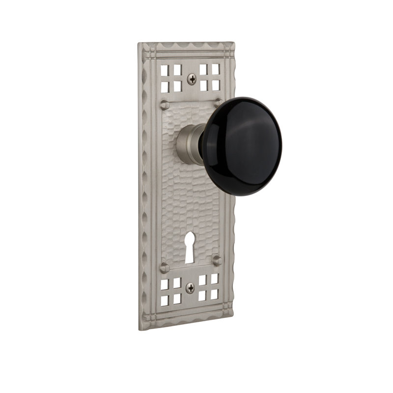 Bouton de porte de mortaise intérieure en porcelaine noire avec plaque longue Craftsman, Nickel satiné