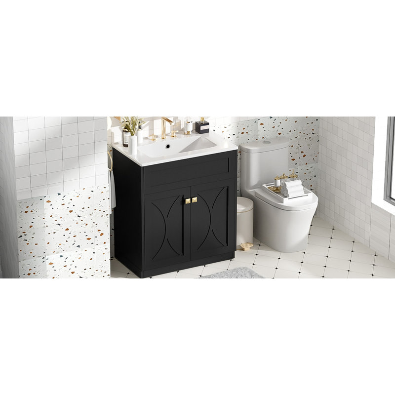 Meuble-lavabo 30 po avec lavabo en céramique, poignées dorées, portes à fermeture douce, Noir