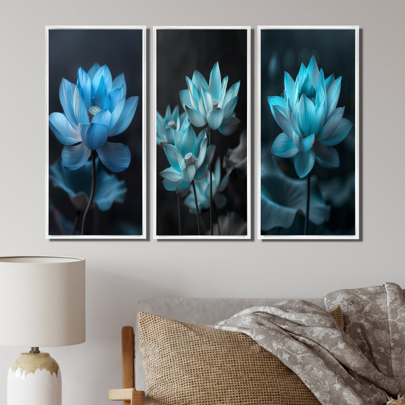 Bleu bleu, lotus rayonnants I - Collection d'art mural Lotus, H 40 po x l 60 po, Impression encadrée flottante, Blanc