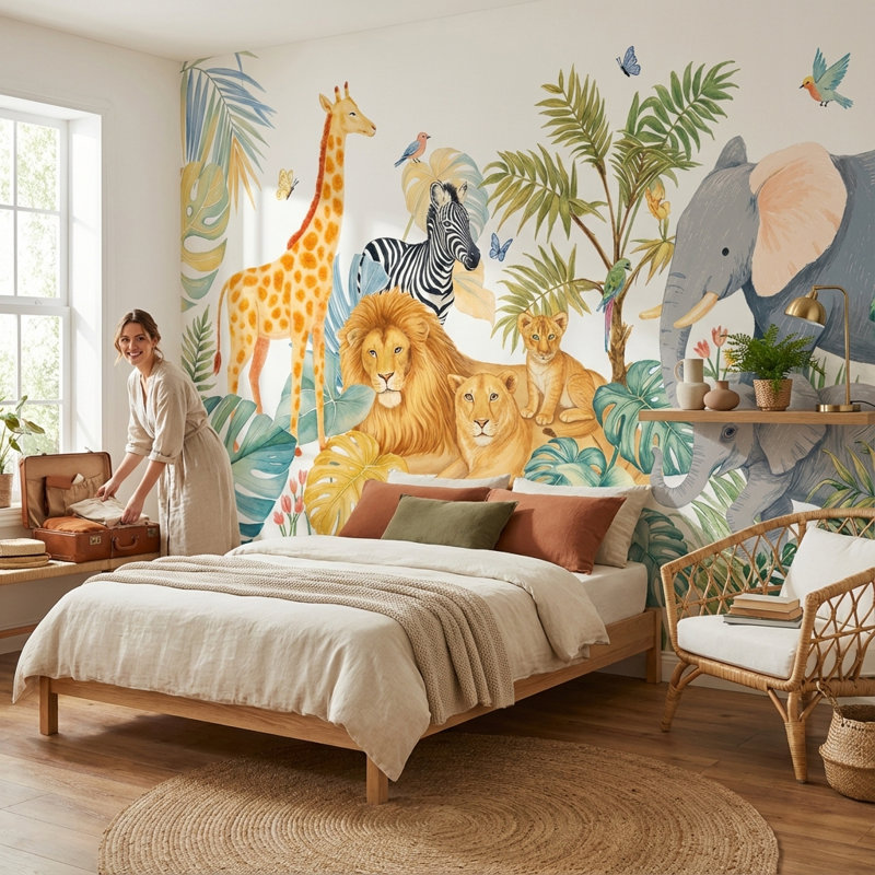 Papier peint nature jungle tropicale animaux, 120" x 96", Peler et coller