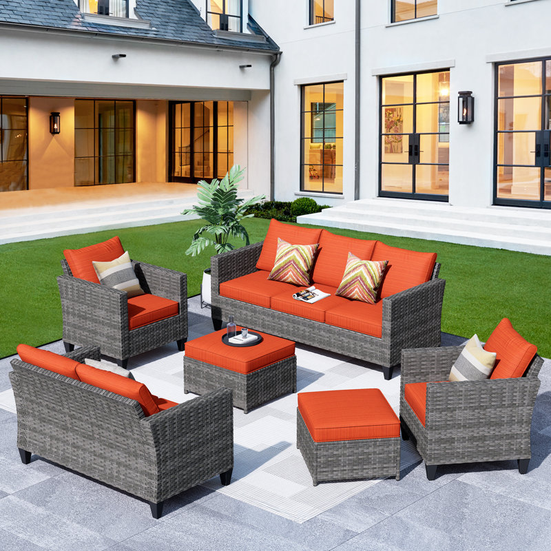 Premium All-Weather Wicker 7 - Person Patio Conversation Set with Cushions, Orange Red