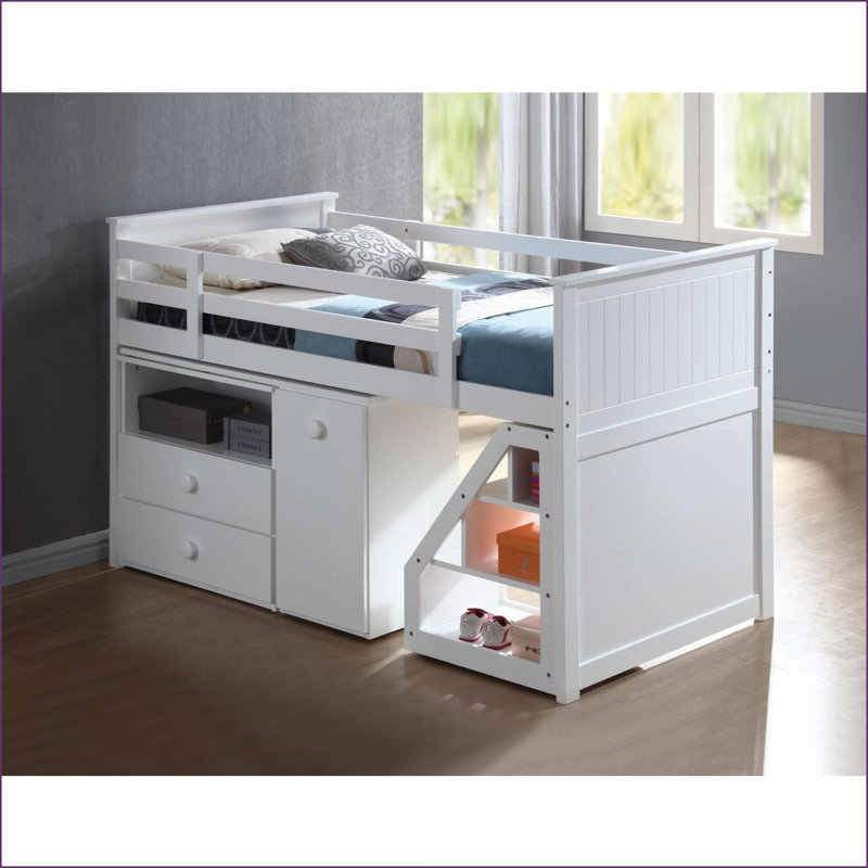 Lit simple mezzanine blanc avec bureau pivotant et amp; Rangement pour petites pièces Espaces partagés