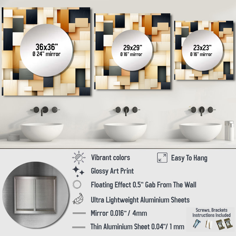 Abstrait blocs taupe Blockchain - miroir carré moderne pour décoration murale, 29 po x 29 po