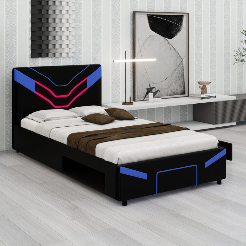 Structure de lit à DEL avec plateforme rembourrée, tablettes de rangement intégrées et tiroirs, Bleu