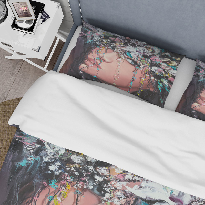 Portrait d'une jeune femme avec des fleurs II - ensemble de housse de couette moderne - microfibre de polyester