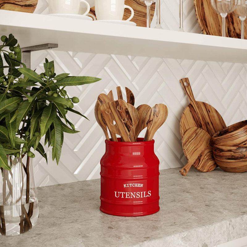 Large Red Ceramic Farmhouse Kitchen Utensil Crock