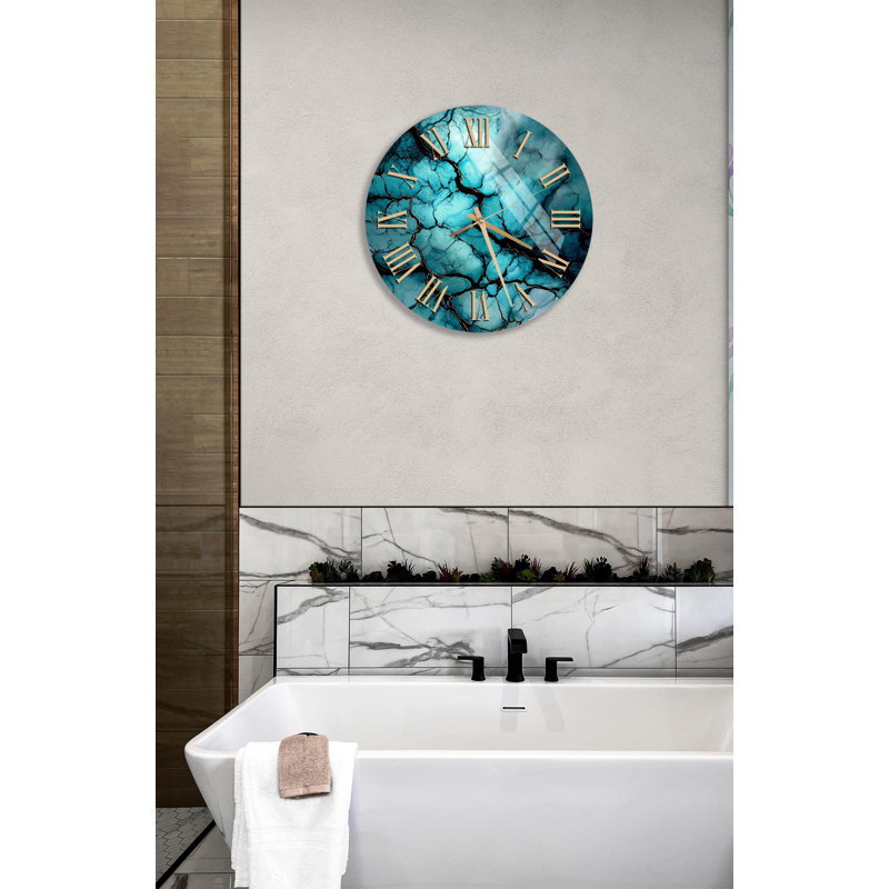 Horloge murale en verre trempé bleu sarcelle, horloge murale contemporaine, art mural abstrait moderne, horloge en verre Art, décoration intérieure unique, cadeau de pendaison de crémaillère